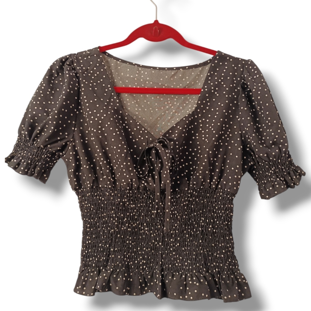 Women Black And White Polka Dot Crop Top Blouse Size L